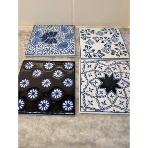 PIER 1 Imports Blue White Chinoiserie Tile Coaster Set Of 4, 4"x4" Moroccan